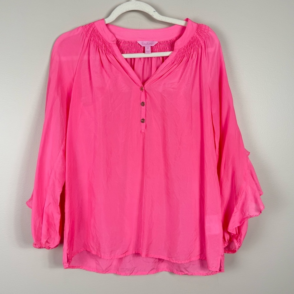 Lilly Pulitzer Silk Elsa Ruffle Top Womens XS Pascha Pink Blouse Preppy Barbie